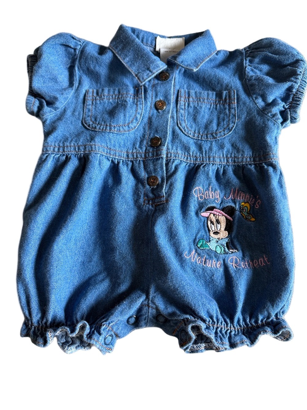 Disney Vintage Baby Minnie Onesie Denim Embroidered Butterfly Snap 0–6M